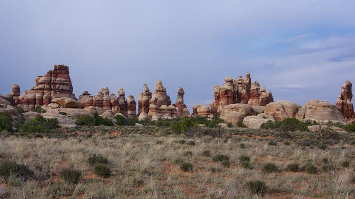 
100-foot sandstone spires form the Doll House in the Maze, the most remote section of Canyonlands National Park.
