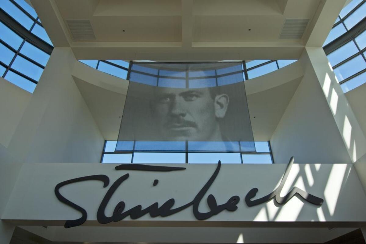 A portrait of author John Steinbeck in the rotunda of the Steinbeck Center in Salinas.