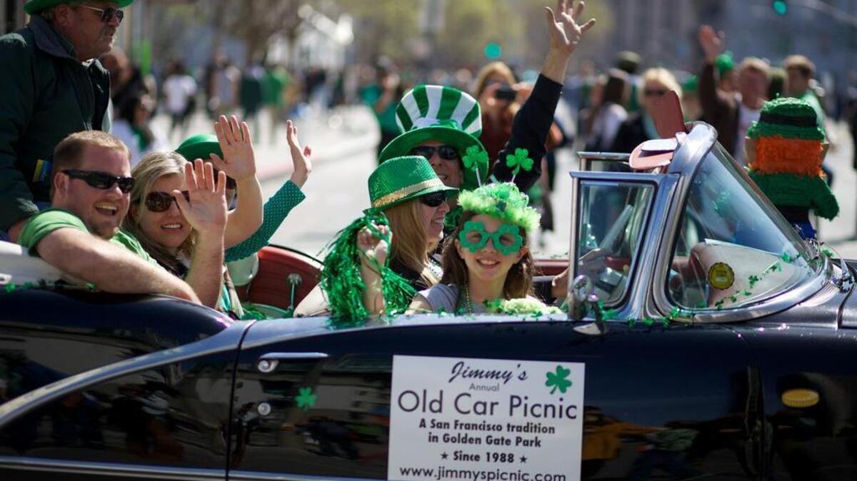 St. Patrick’s Day Parade in San Francisco ends at Civic Center Plaza with a festival.