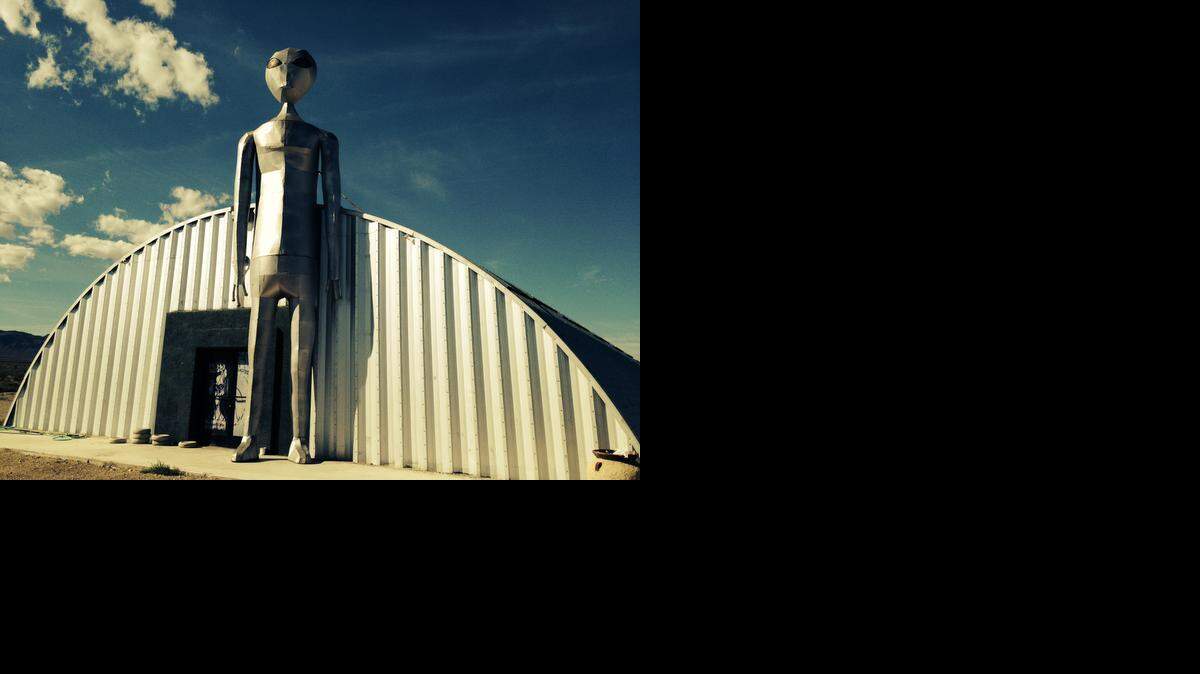 
A giant aluminum alien guards the Alien Research Center, a tourist attraction at the southern end of Nevada’s Highway 375, which the state has officially branded the Extraterrestrial Highway.
