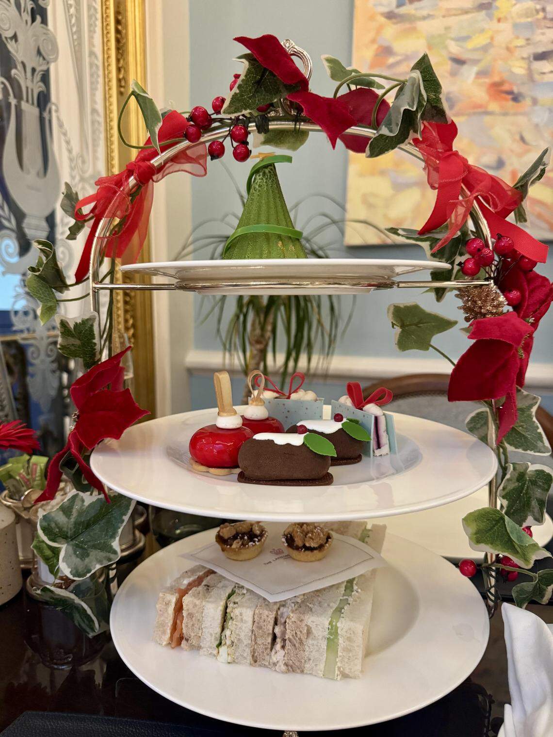 A holiday afternoon tea spread at The Lanesborough’s Regency-style dining room.