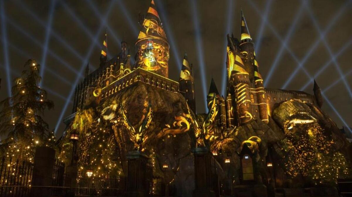 This photo provided by Universal Studios Hollywood in Los Angeles shows Nighttime Lights at Hogwarts Castle. The colorful display of lights accompanied by music will illuminate Hogwarts at Universal’s Wizarding World of Harry Potter beginning Friday, June 23, 2017.