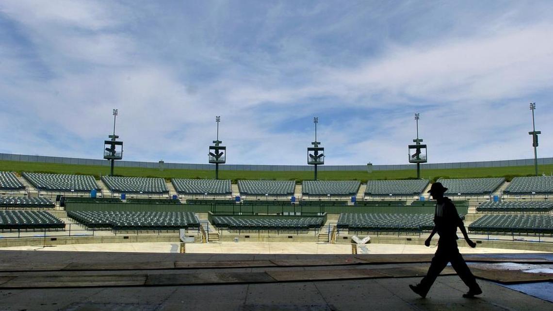 A stage hand wanders across the stage of what is now the Toyota Amphitheatre near Marysville, on Thursday May 6, 2004.
