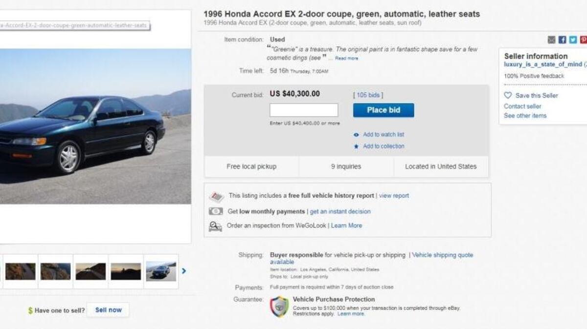 Writer and director Max Lanman’s eBay listing for his fiancee’s 1996 Honda Accord. After a parody commercial advertising the car posted Thursday to YouTube went viral, the price of the car skyrocketed from its $499 starting price to more than $40,000 by Friday afternoon.