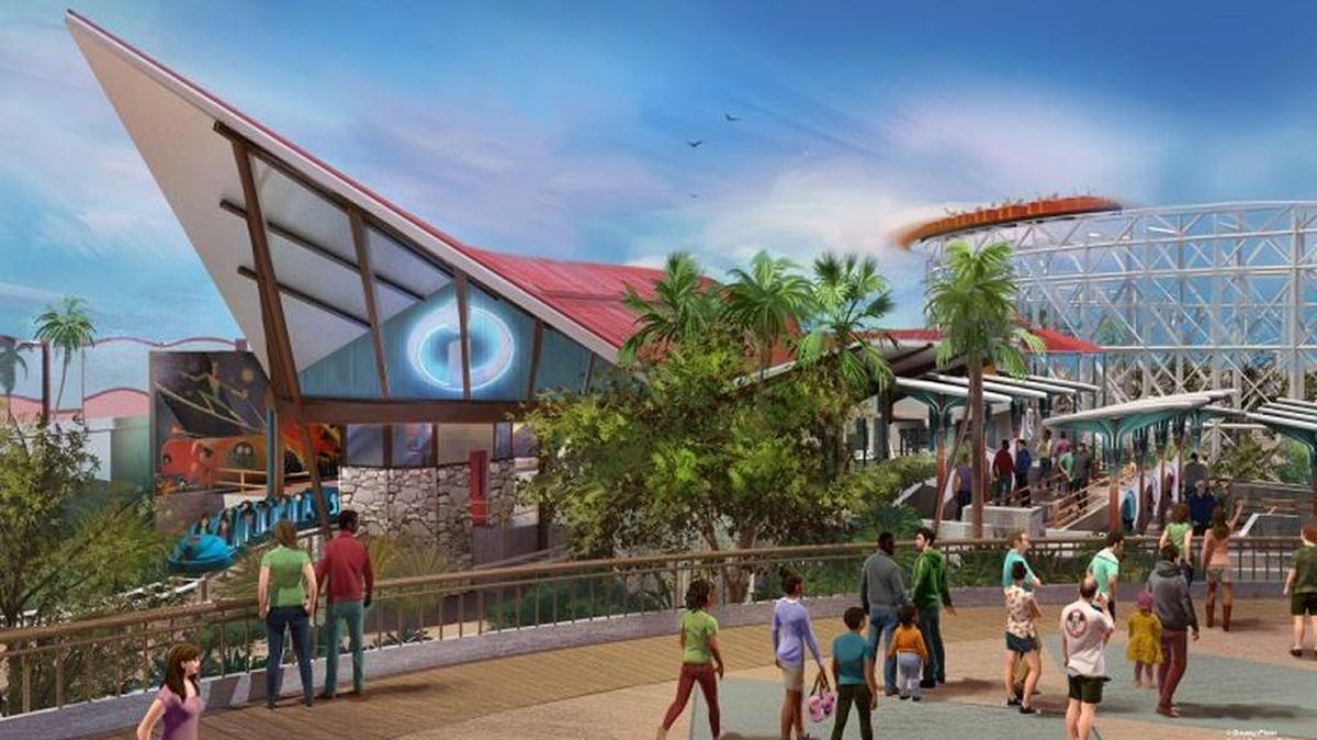 Summer 2018 will bring a transformed land when Pixar Pier opens for guests to experience at Disney California Adventure park, including the new Incredicoaster, inspired by DisneyPixars The Incredibles. Pixar Pier also introduces four new neighborhoods representing Pixar stories. This artist concept captures a scene from one of the neighborhoods inspired by The Incredibles.