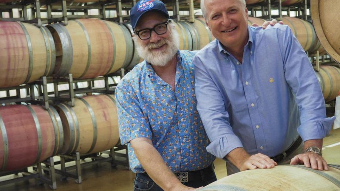 In the barrel room of Silverado Vineyards, winemaker Jonathan Emmerich, left, and president Russell Weis.