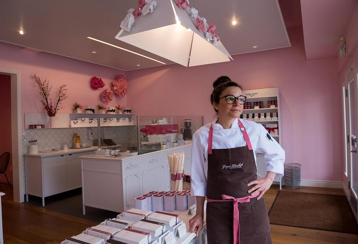 Ginger Elizabeth Hahn stands in Ginger Elizabeth Chocolates in the Cow Hollow in San Francisco on April 18, 2018. She has run a successful Sacramento chocolate shop for years.