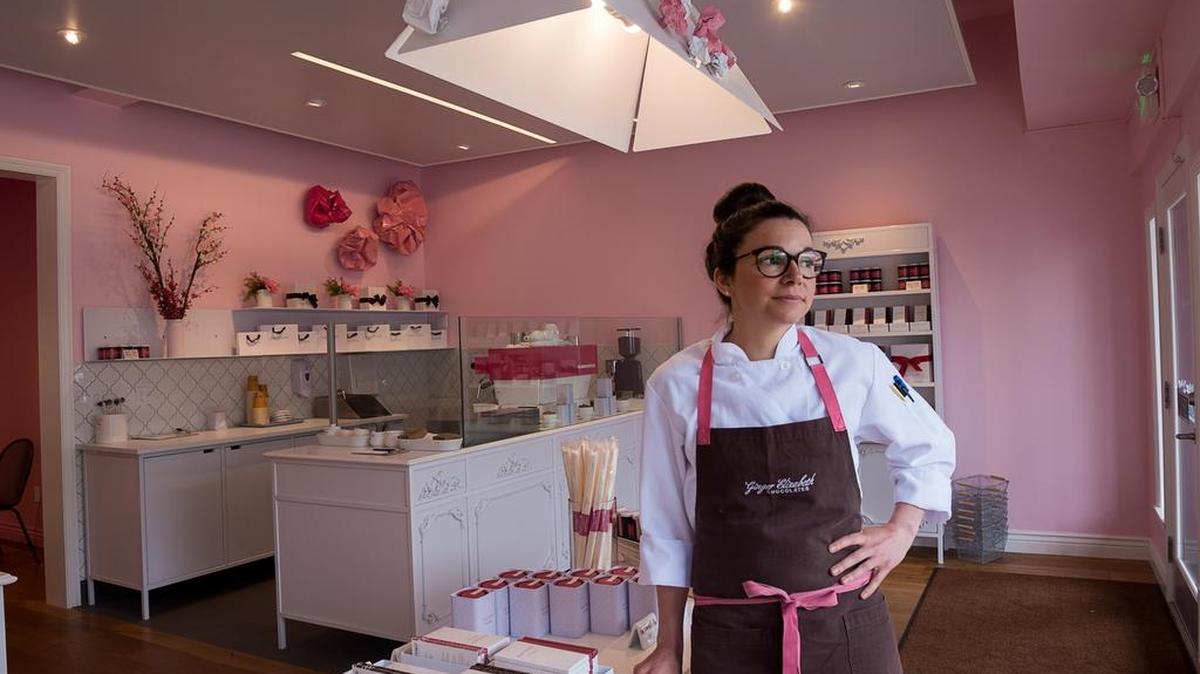 Ginger Elizabeth Hahn stands in Ginger Elizabeth Chocolates in the Cow Hollow in San Francisco in 2018. The shop closed in mid-June.