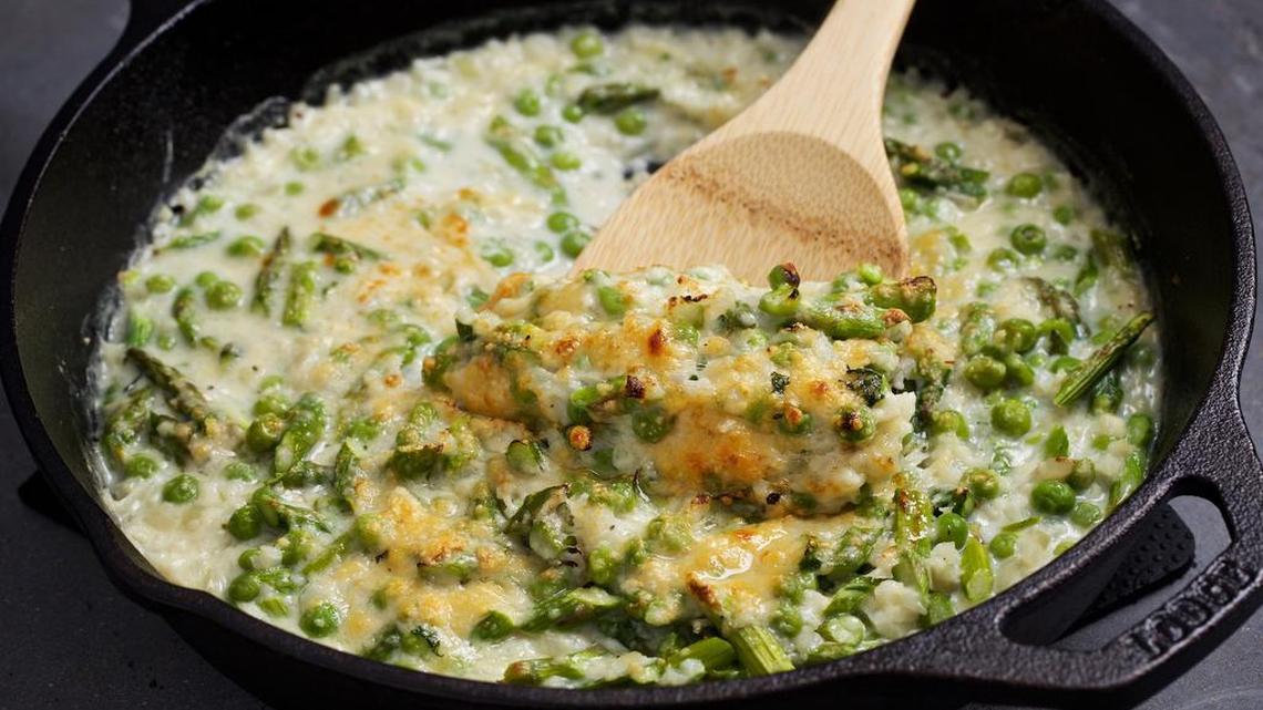 Creamy Parmesan Spring Vegetable Skillet.