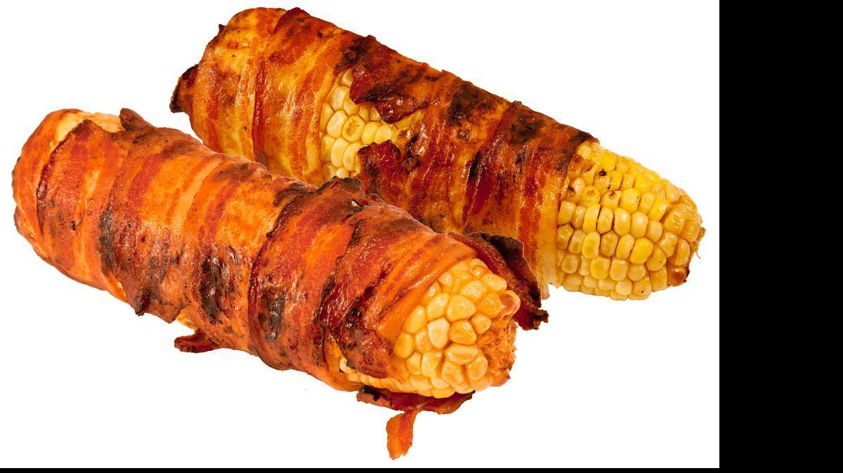 
Bacon-wrapped corn on the cob from Bacon Habit. 
