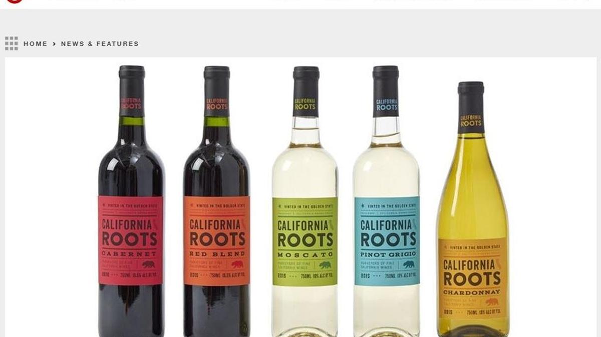 A screenshot from Target’s corporate website shows a new line of wines called California Roots that will be available for $5 a bottle.
