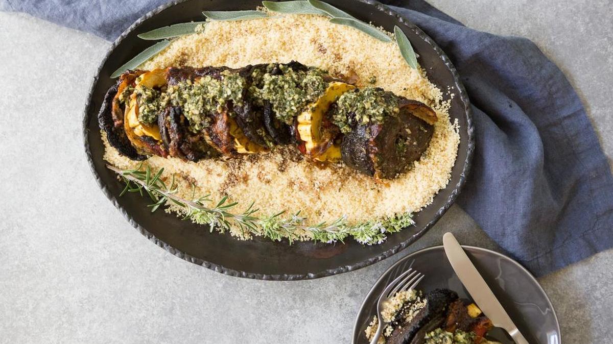 Vegetarian roast beast doesn’t try to look like a turkey, and as such may appeal to all.