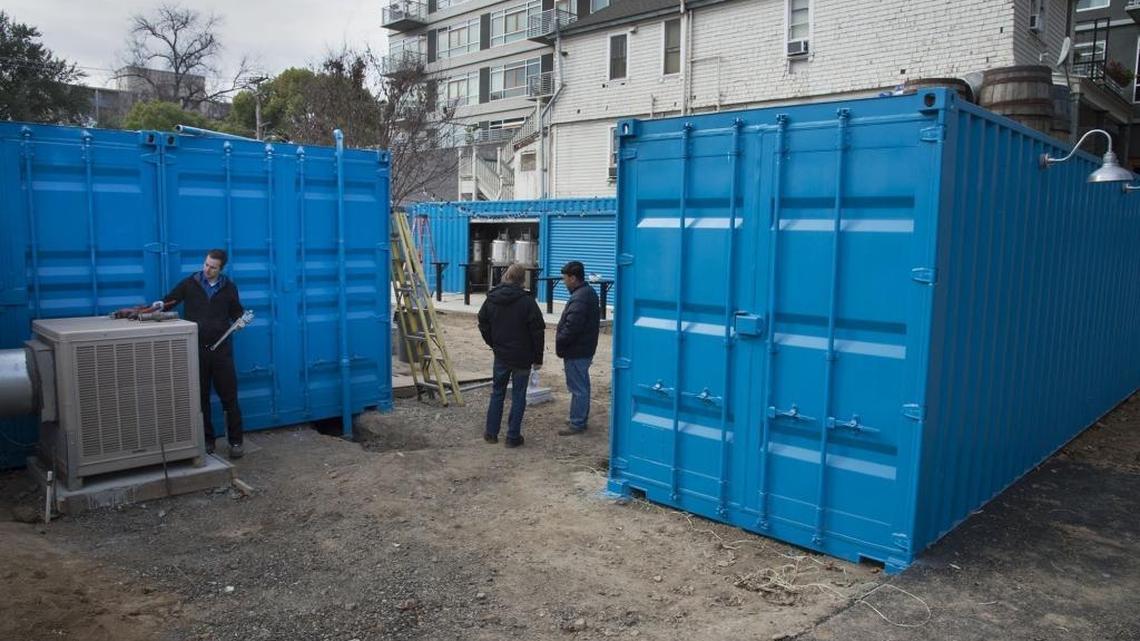 Storage containers are being used at the Golden Road Brewery’s brewpub and beer garden, where construction took place in February at 19th and L streets in midtown Sacramento. Golden Road is owned by Anheuser-Busch InBev.