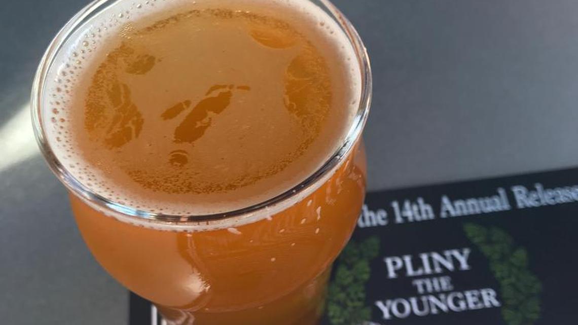 A glass of the much-sought-after Pliny the Younger from Russian River Brewing Company.