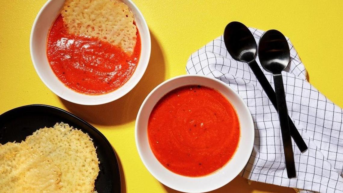 Fast blender tomato soup with cheese crisps (Page 2D)