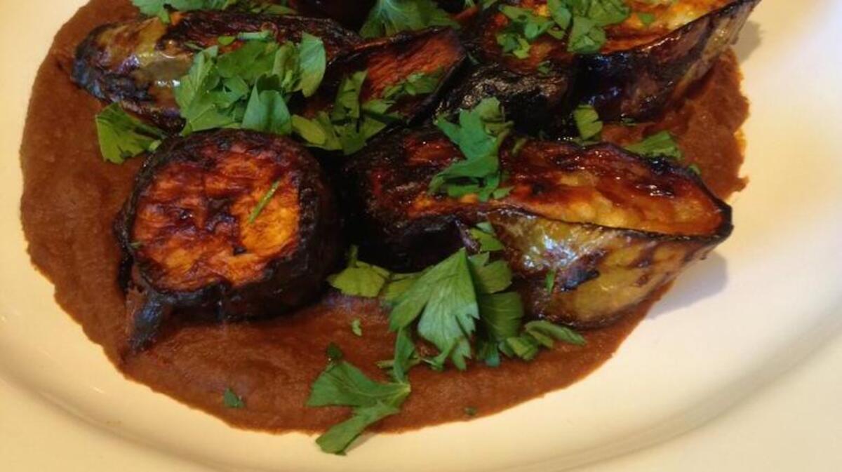 
Spicy chipotle eggplant with black beans from “More Mexican Everyday” by Rick Bayless.
