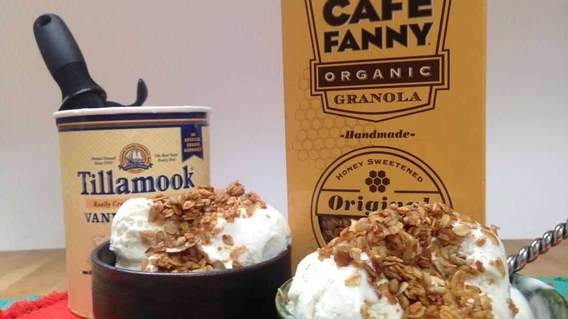 Cafe Fanny granola adds crunch and taste to yogurt and salads, but is at its best as a topping on vanilla ice cream.