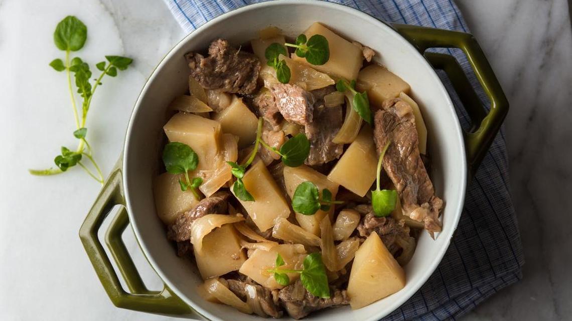 Beef and potato, a Japanese stew, is shown as adapted by cook and author Kimiko Barber. The recipe is below.