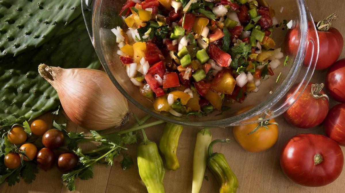 This tomato salsa from Suzanne Ashworth of Del Rio Botanical uses spineless nopales (cactus leaves) as well as cilantro, peppers and onions.