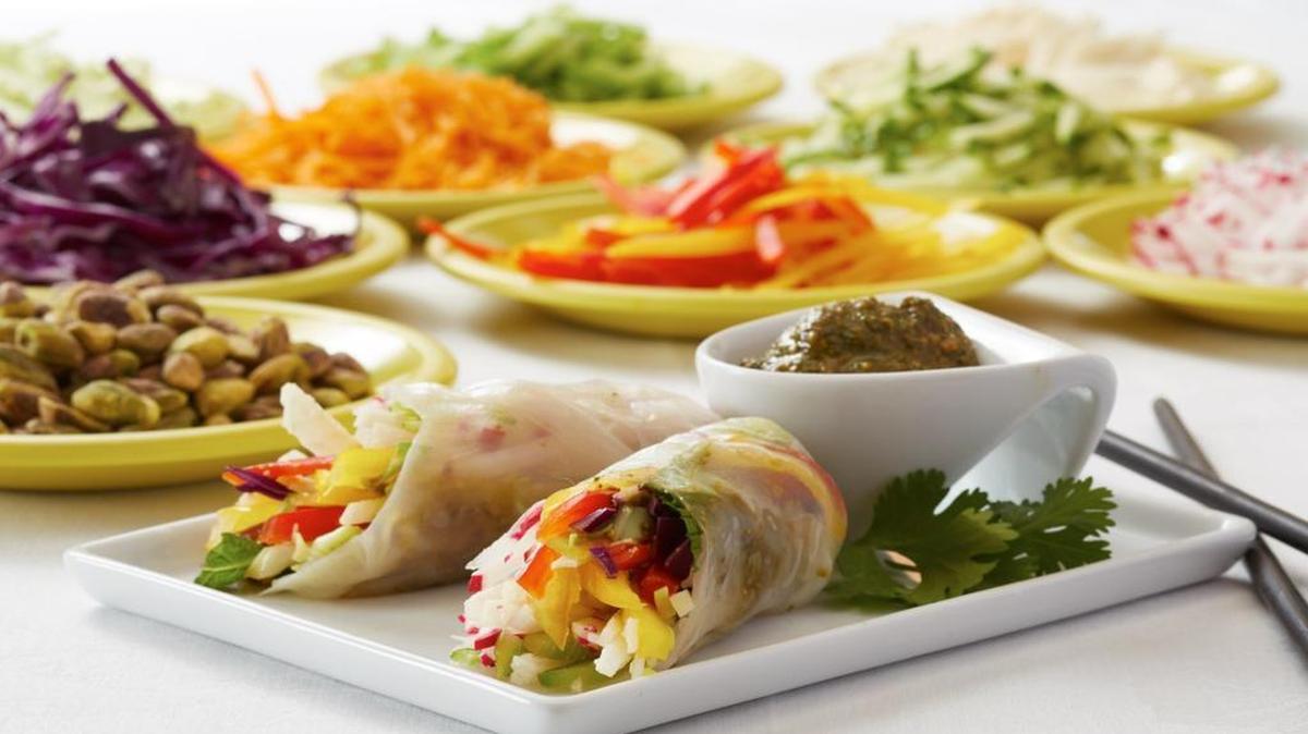 
Spring rolls are a favorite for “The Biggest Loser” contestants. Cheryl Forberg added a twist by using pistachios in the dipping sauce.
