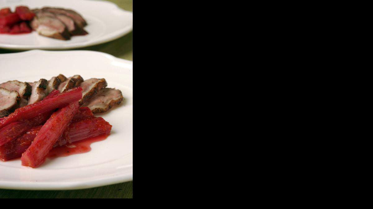 
In crisp duck breast with rhubarb-ginger confit, the rhubarb, tamed by cooking, balances the richly flavored duck. 
