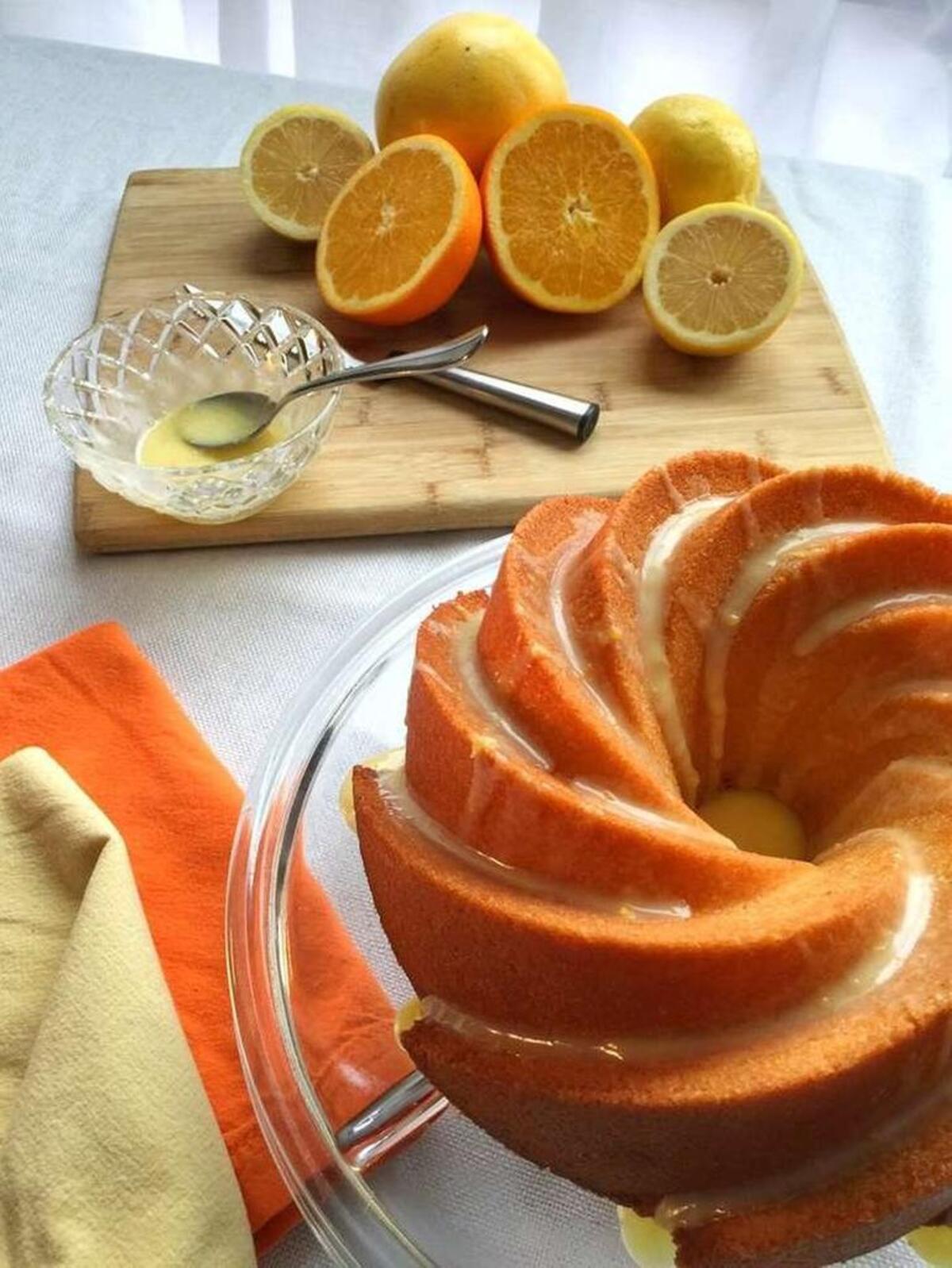 Three kinds of citrus – lemon, orange, grapefruit – make this Bundt cake as bright as spring.