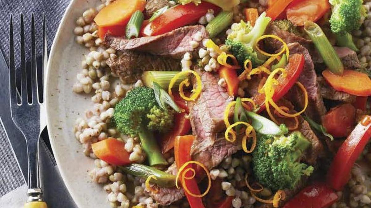 Orange, ginger and Dijon-glazed vegetable and buckwheat skillet includes meat, but tofu can be substituted.