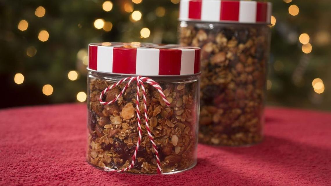 Honey almond granola, as made by Kate Washington, is dressed up for giving in glass containers.
