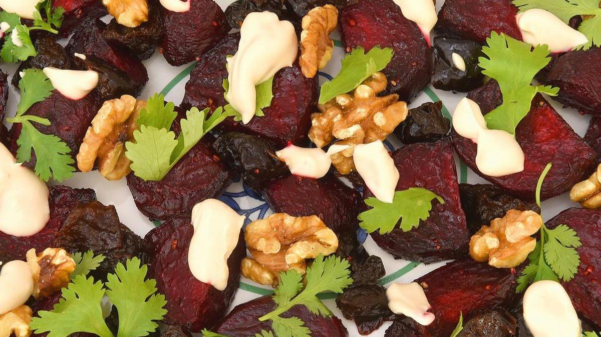 Here’s a colorful dish: beet and prune salad.