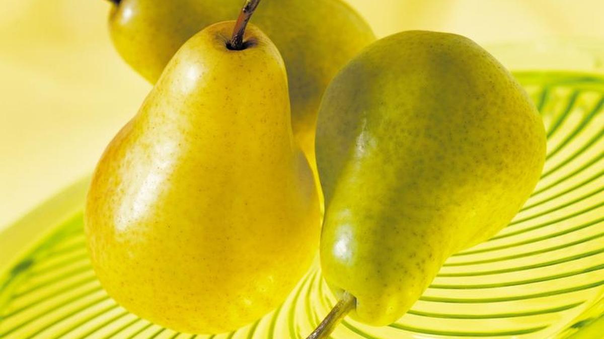 Bartlett, California’s favorite pear, goes from green to yellow when fully ripe.