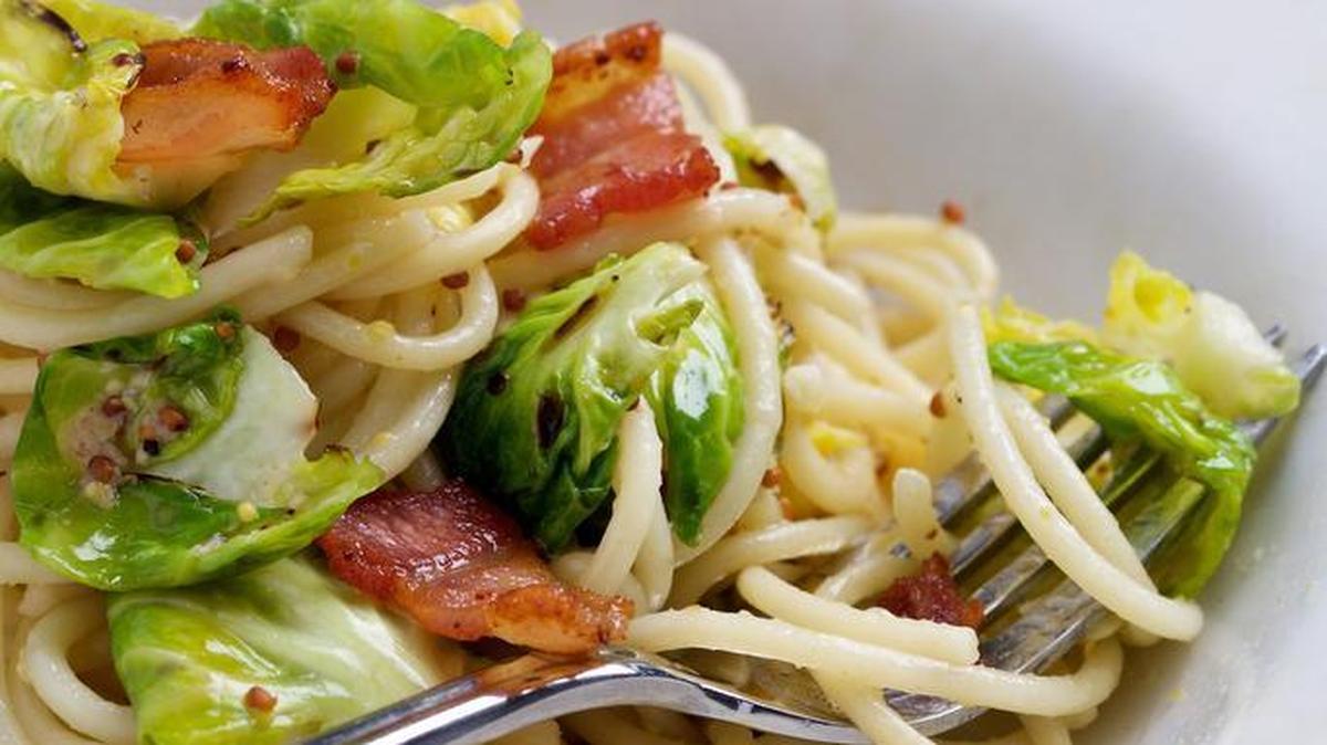 Brussels sprouts pasta uses whole-grain mustard.