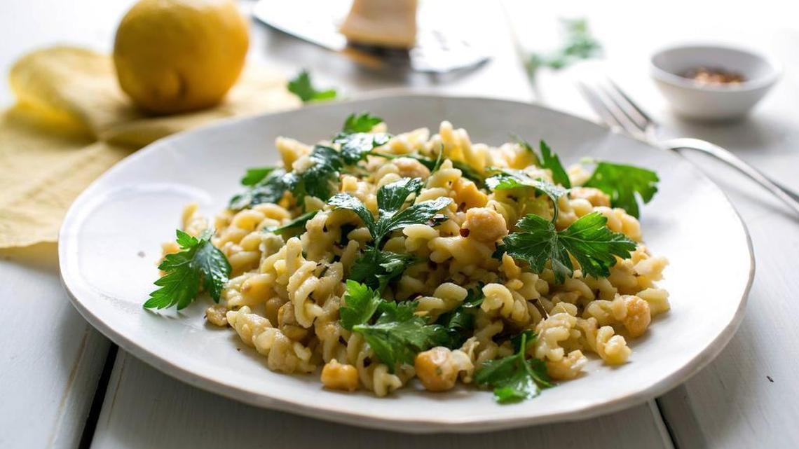Lemony pasta with chickpeas and parsley makes a tasty, low-effort dinner.