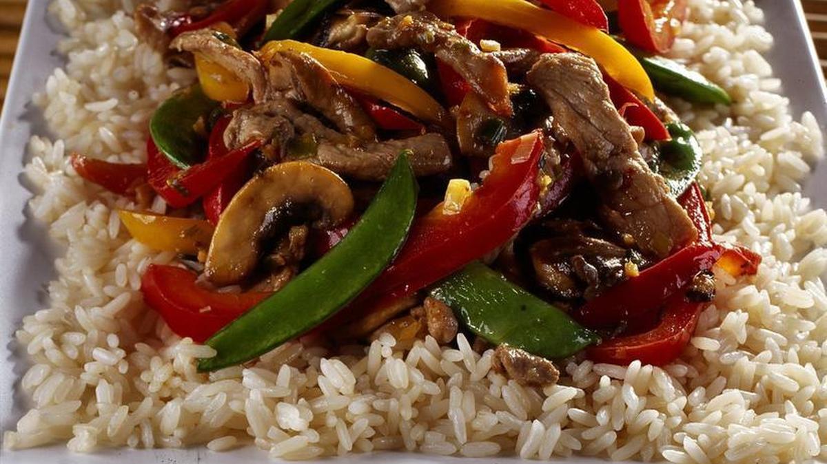 Pork, peppers, mushroom and pea pods make an easy stir-fry.