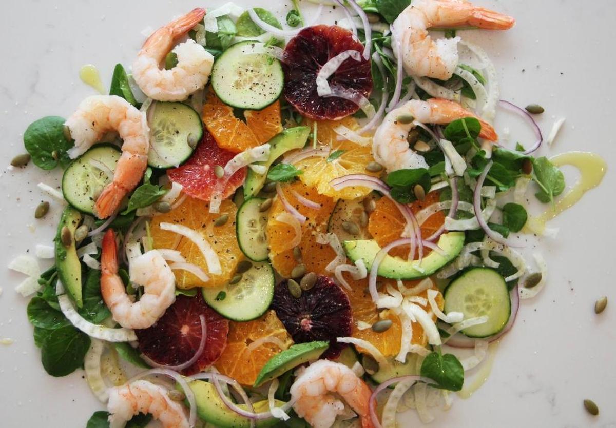 This orange and cucumber salad with shrimp is adapted from a recipe by celebrity chef Melissa d’Arabian.