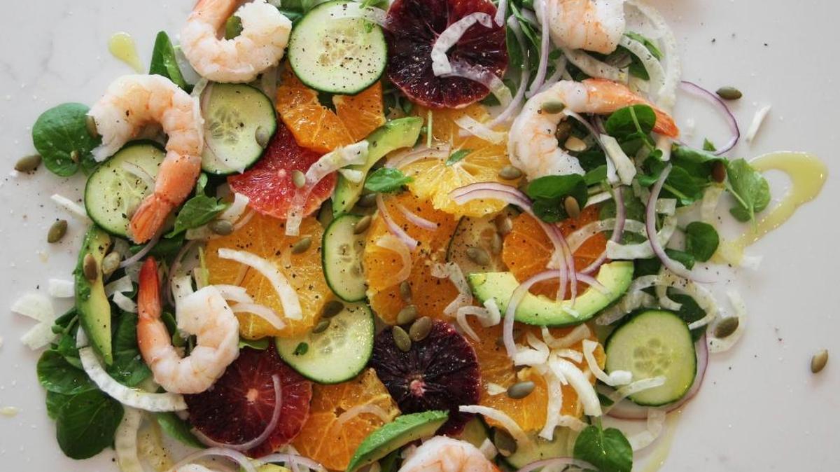 This orange and cucumber salad with shrimp is adapted from a recipe by celebrity chef Melissa d’Arabian.