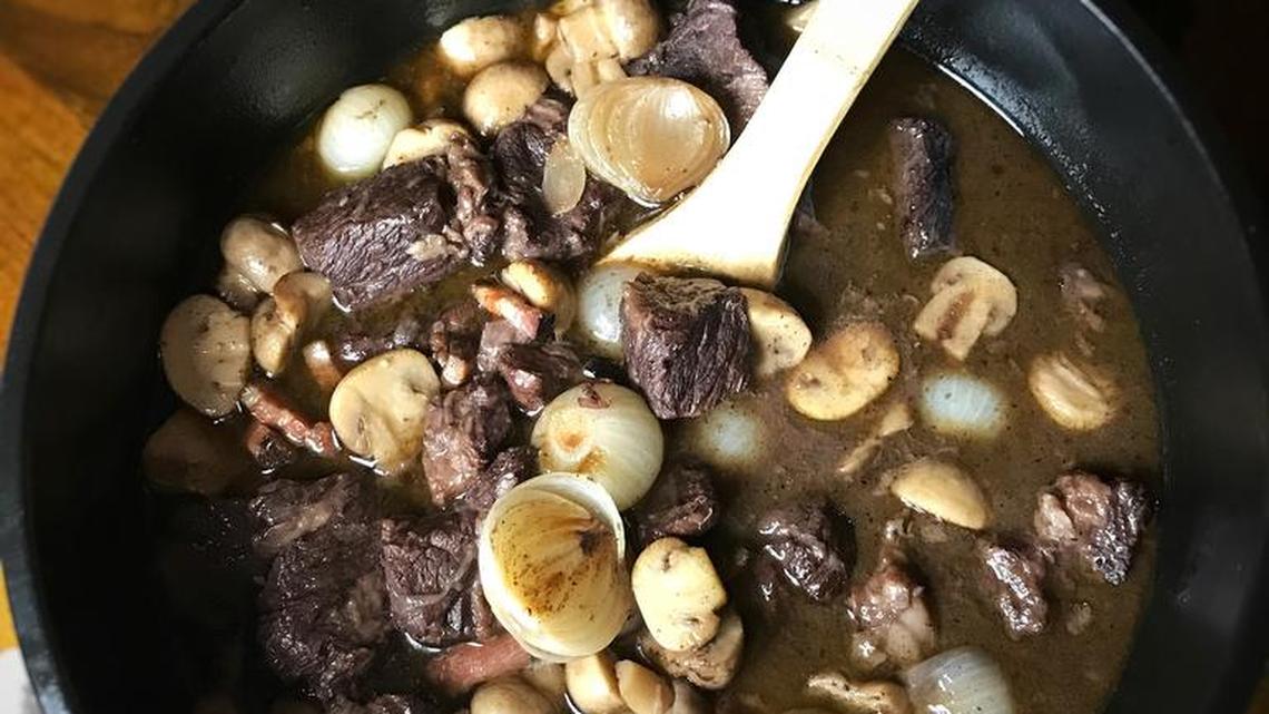 Beef bourguignon as prepared by Leslie Brenner in her kitchen from her own recipe