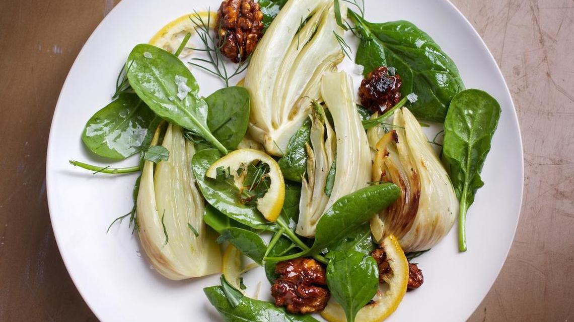 Roasted fennel and lemon salad with turmeric walnuts