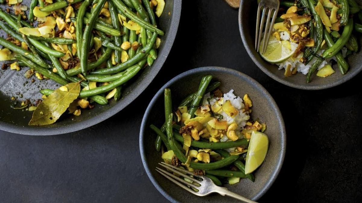 Green beans with mustard seeds, cashews and coconut in New York on Aug. 18, 2016. This richly spiced recipe has enough protein from the cashews to serve over rice as a main course, but is also terrific as a side.