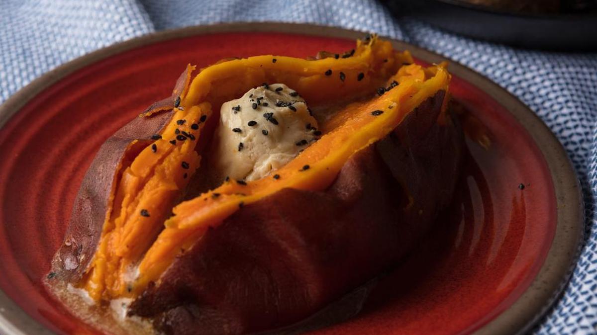 Baked sweet potatoes with yuzu butter. Yuzu is an Asian citrus fruit that tastes like a combination of lemon, orange and grapefruit.