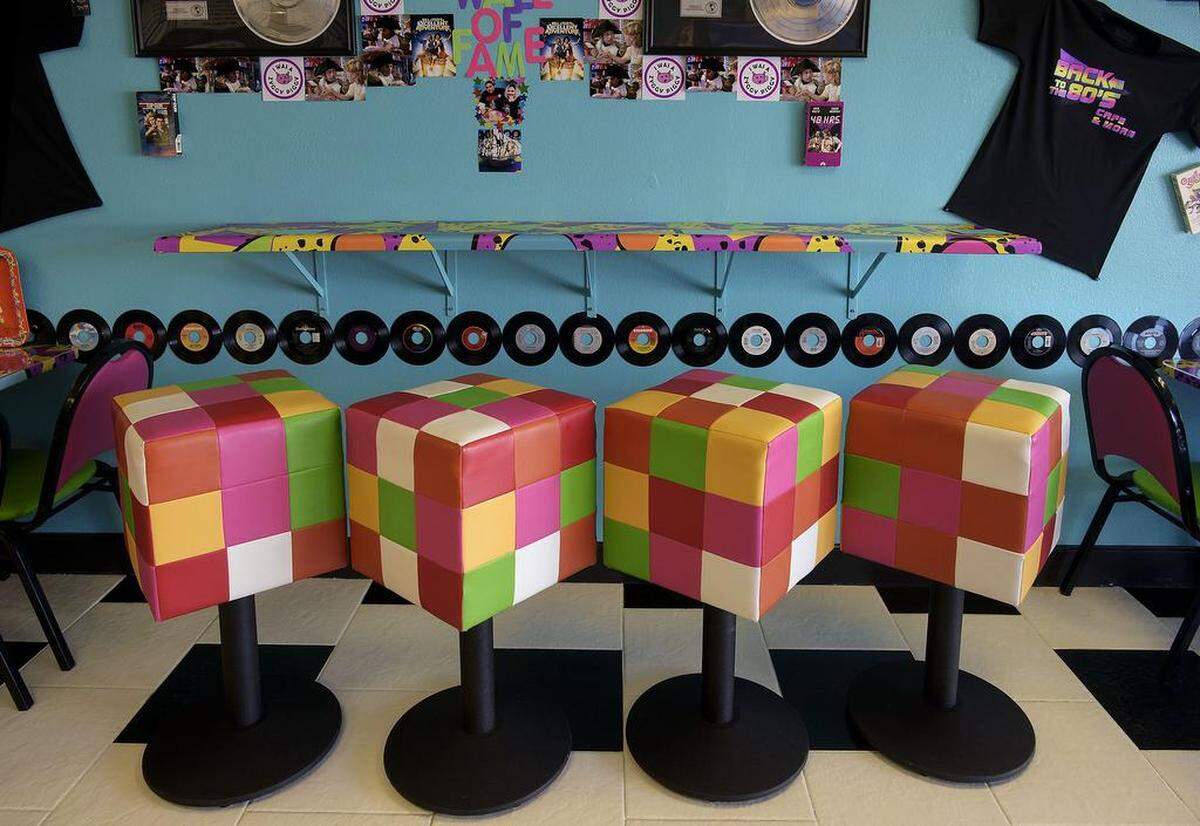 Rubik's Cube-styled seats and decor at the Back to the 80s Cafe & More in Rancho Cordova on Tuesday, March 6, 2018.