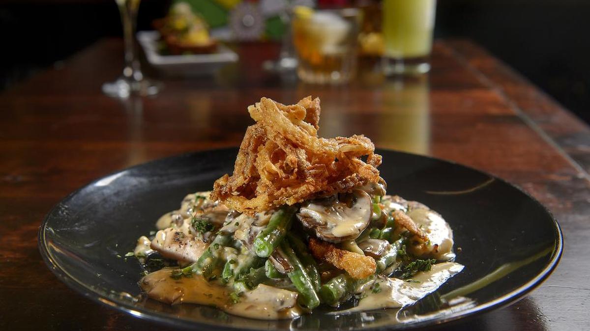 Roasted chicken breast with green bean casserole at Ten Ten Room
