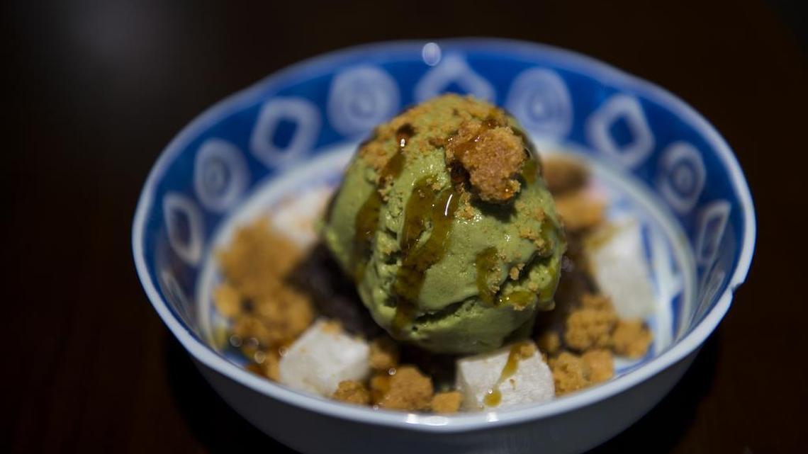 At Binchoyaki Izakaya Dining, restaurant co-owner, pastry chef Tokiko Sawada evokes a Japanese dessert staple with her parfait of house-made matcha soy ice cream, red bean paste and mochi.