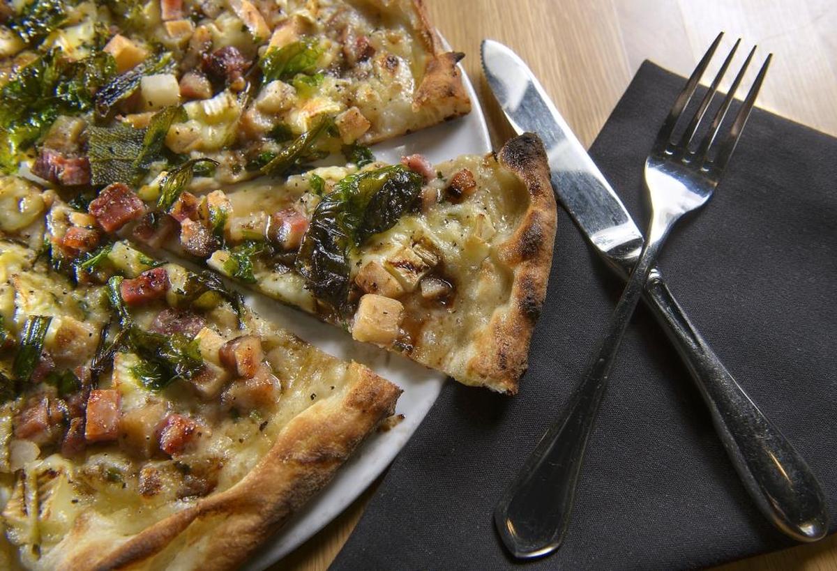 A pear and bacon pizza at The Patriot in Carmichael on Tuesday, Dec. 5, 2017.