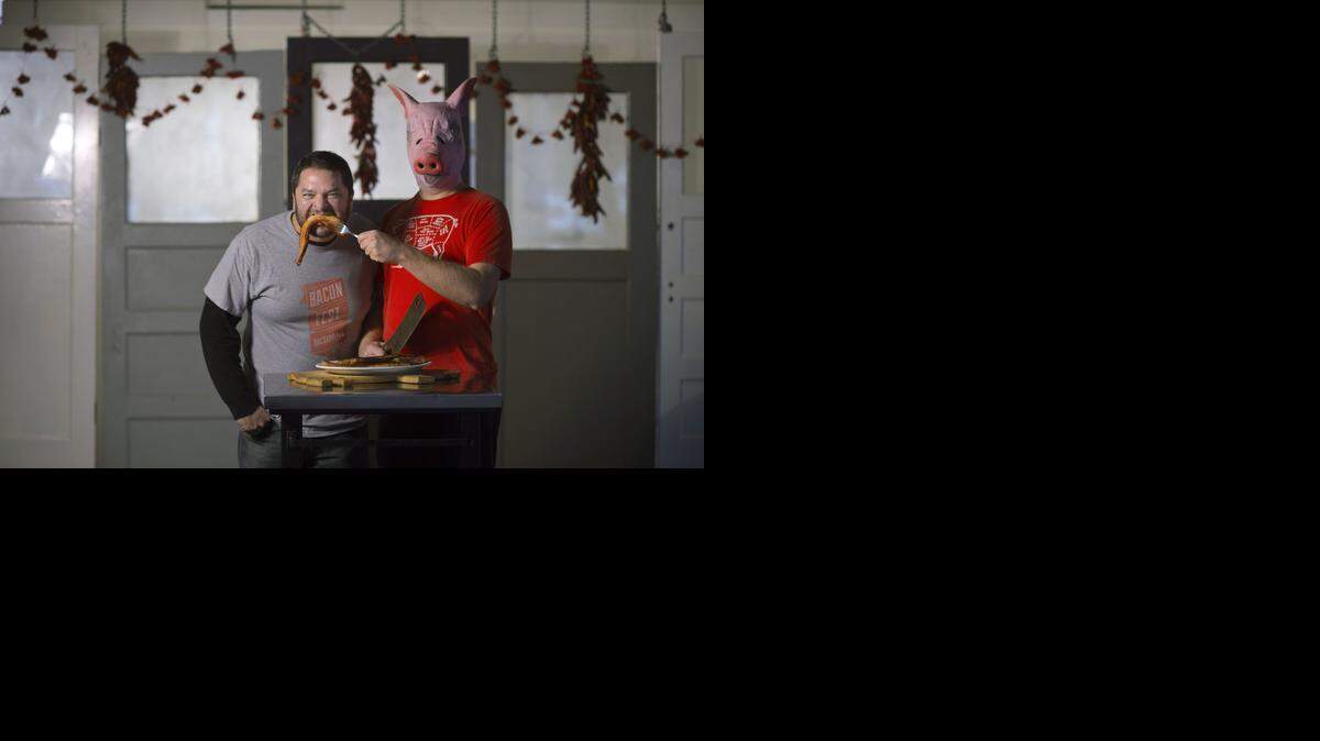 
Bacon Week founders Brian Guido and Nick Miller have some fun to promote the upcoming bacon event. They were photographed in Mulvaney’s B&L in Sacramento.
