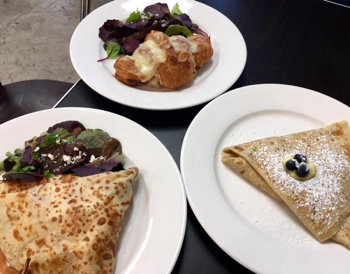Lunch at Julian’s Patisserie and Cafe in Folsom are, clockwise from left, California club crepe, ham and cheese croissant and lemon-blueberry crepe.