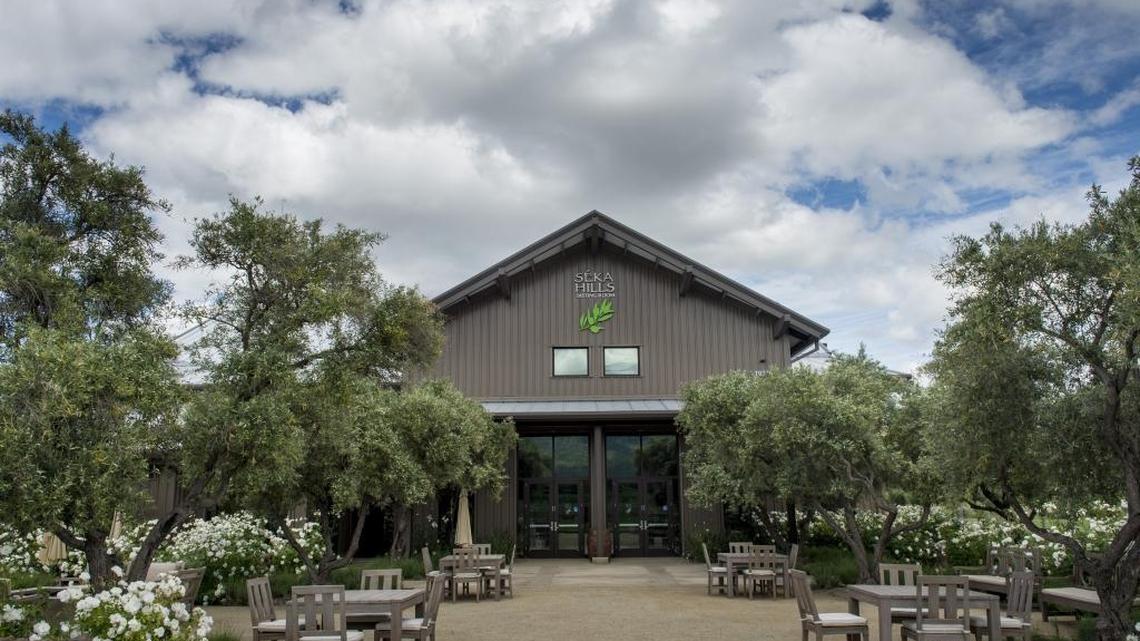 Outdoor dining space at Seka Hills Olive Mill and Tasting Room in Brooks.