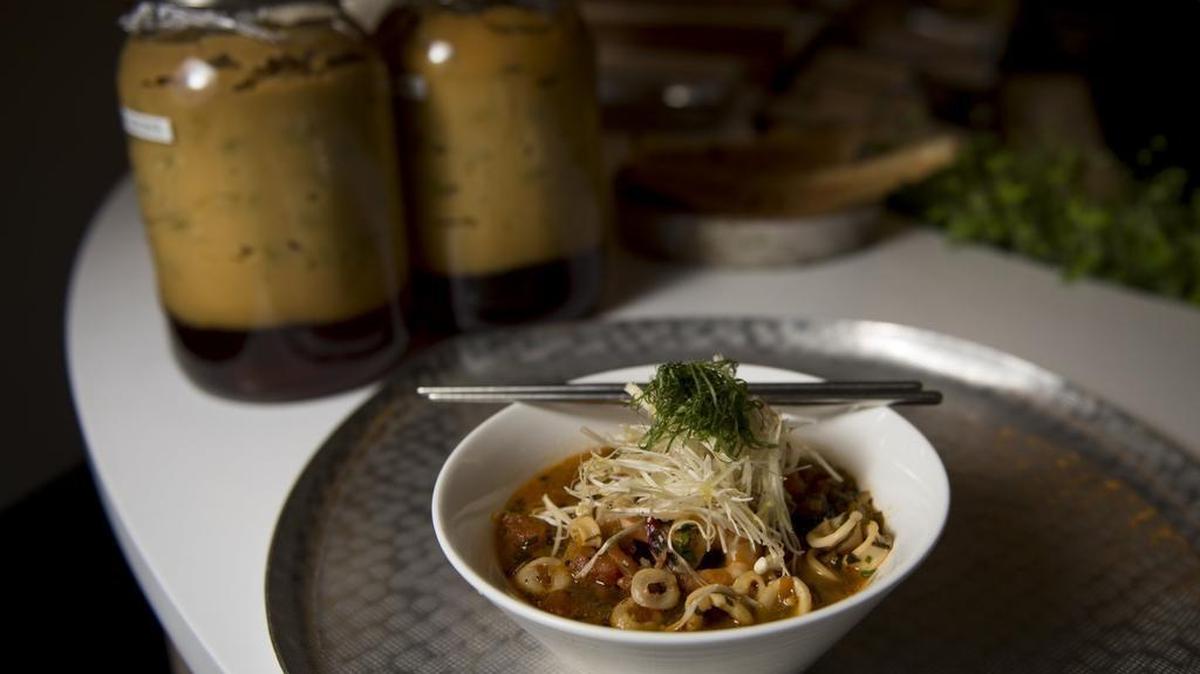 The squid-ink spaghettina at Skool contained black noodles in a traditional dashi broth.