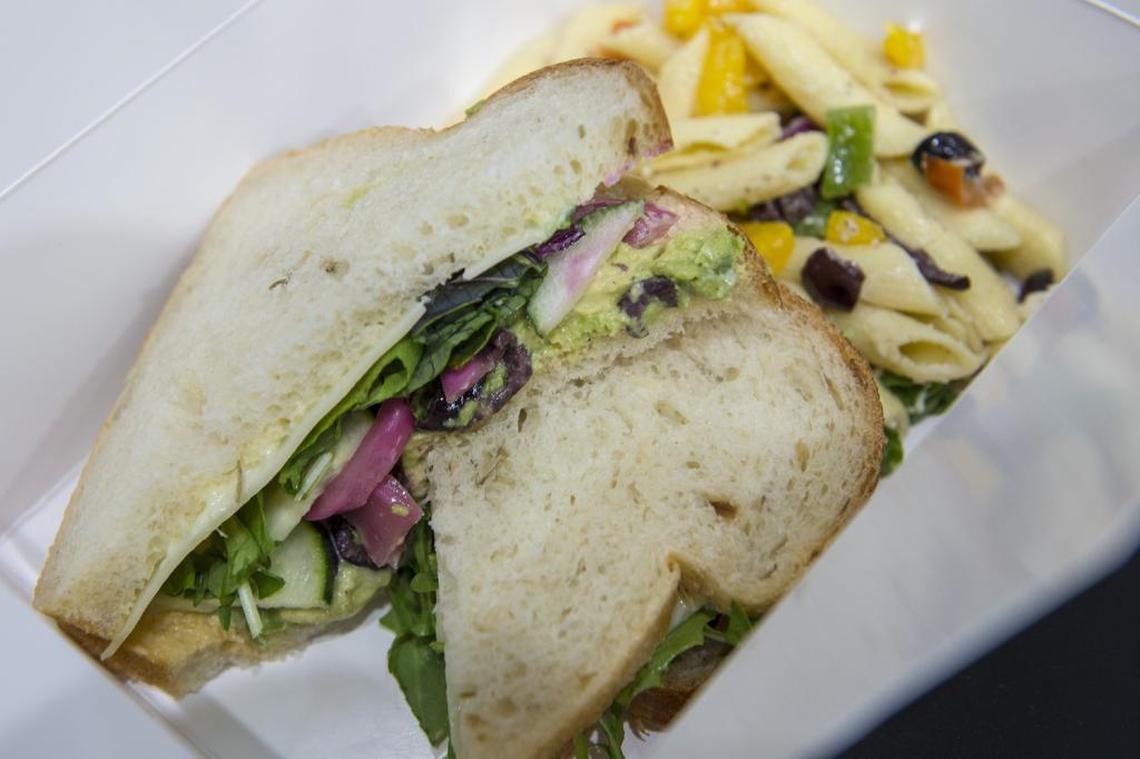 If you are a vegetarian the Teacher's Pet sandwich is made of mixed greens, avocado, swiss cheese, cucumber, pickled onion, kolkata olives with a garlic & red pepper aioli at Recess Cafe on Tuesday July 3, 2018 in Sacramento. It is served with a Penne Pasta Salad that includes penne, kalamata olives, bell pepper, red onions, feta with a Milazzo garlic vinaigrette. 