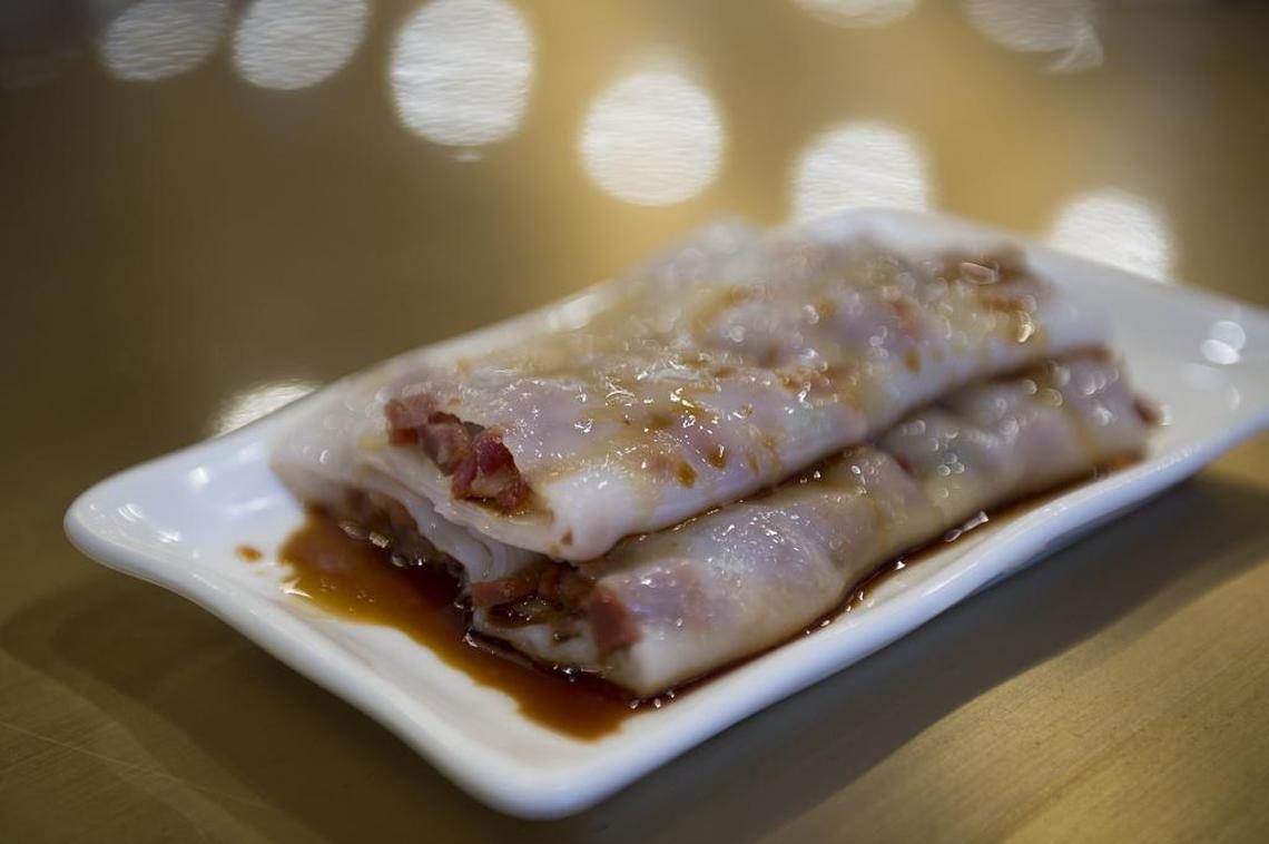 Steam BBQ pork rice rolls at Yue Huang.