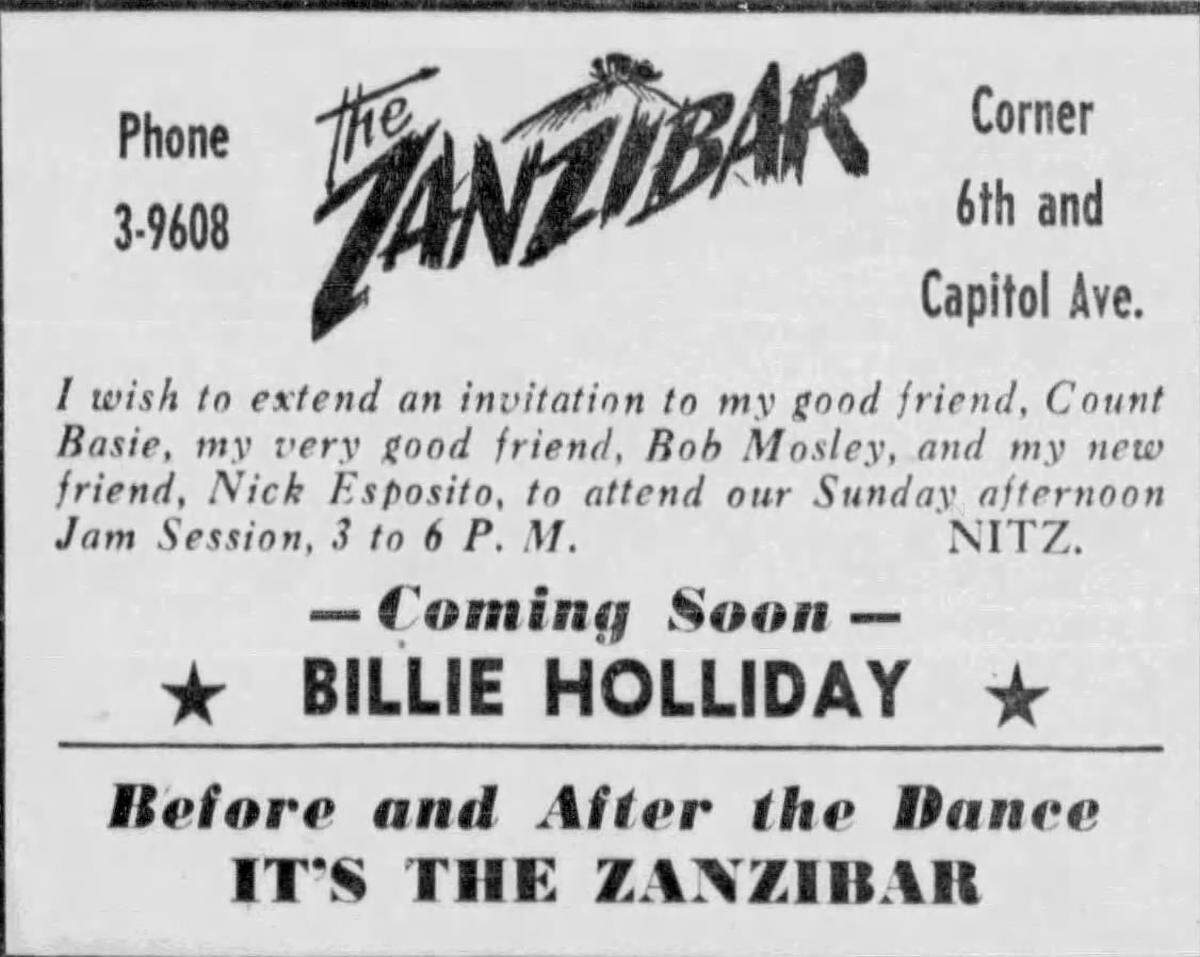 An advertisement for The Zanzibar in The Bee on Nov. 2, 1946, teases an upcoming performance by iconic jazz singer Billie Holiday